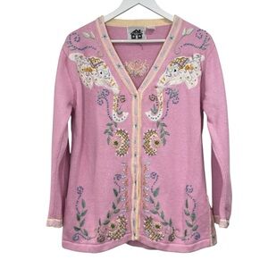 Storybook Knits Jeweled Luck Beaded Elephant Cardigan Sweater Size Large